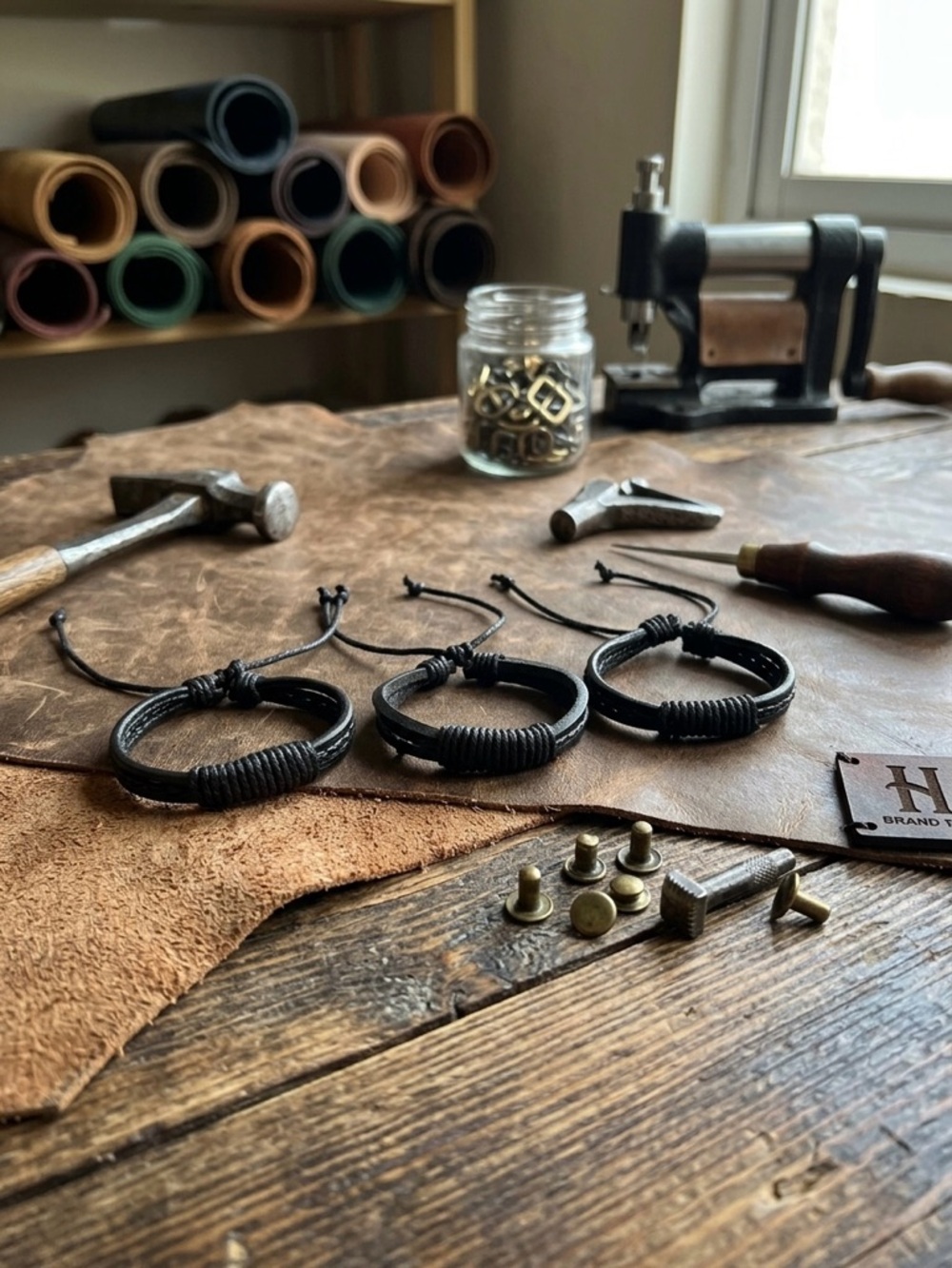 Hand Crafted Black Leather Cord Bracelet Set